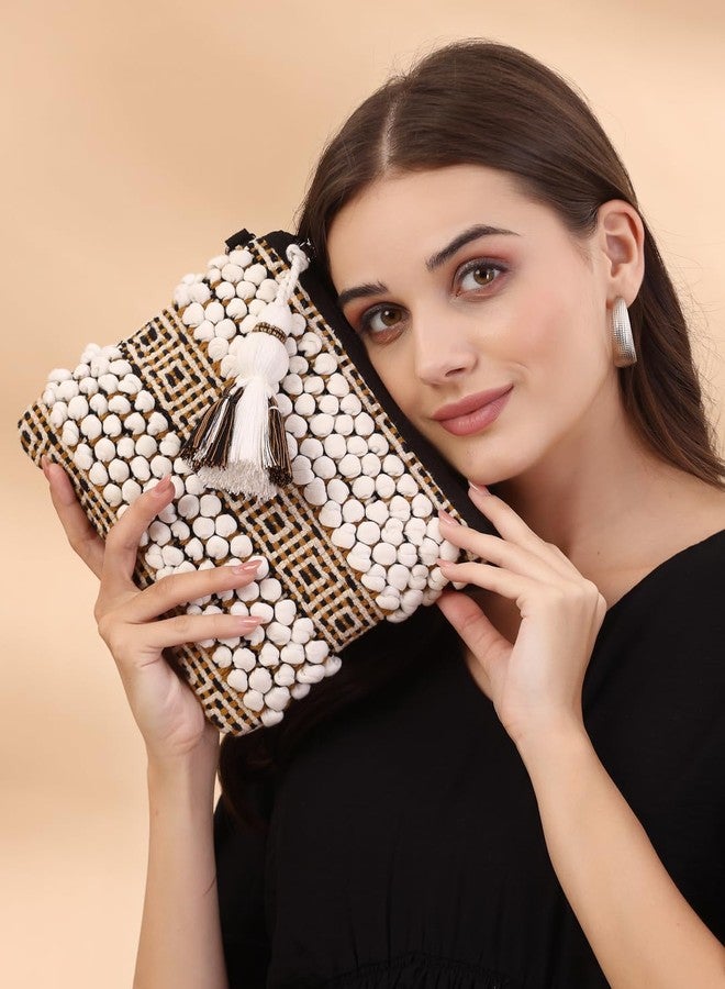 Anekaant Boho White, Black and Mustard Knot Stich Striped Canvas Dari Sling Bag - Image 2